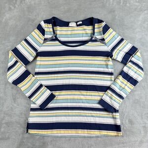 Postmark Anthropologie Top Women Small Blue Green Joliette Striped Button Detail